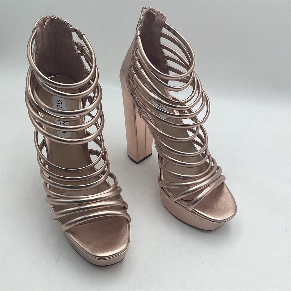 Steve Madden Liana Strappy Caged Platform‎ Block Heel Sandals Gold 9